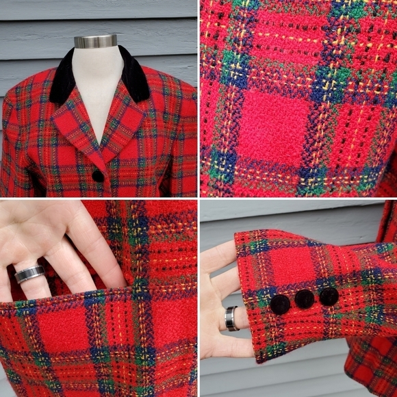 Vintage 90s y2k Talbots Red Green Stuart Tartan Plaid Preppy Blazer Jacket 14 - Picture 6 of 7